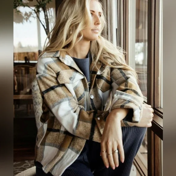 NEW Cozy Retro 70's Flannel Plaid Shacket Top Jacket Brown Tan White Gray - Picture 9 of 14